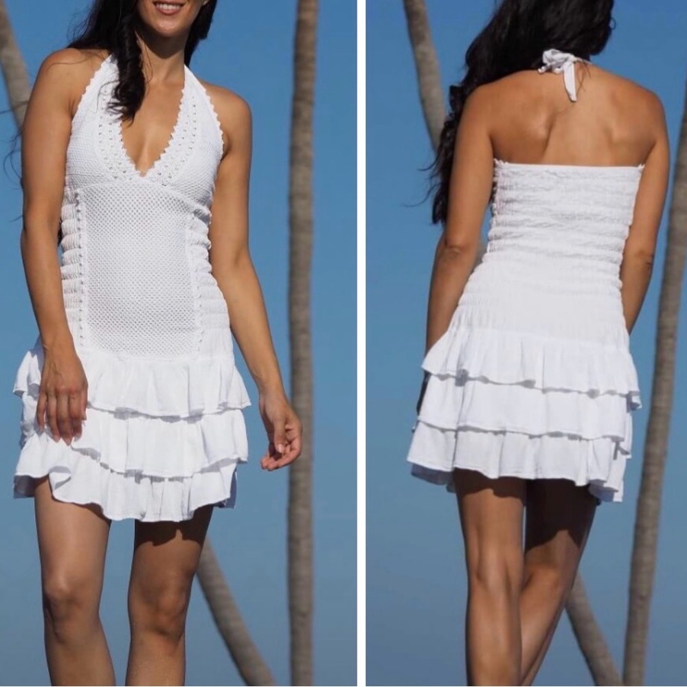 Cotton Natural Leeward White Tiered Ruffle Hem Summer Beach Halter Dress XL